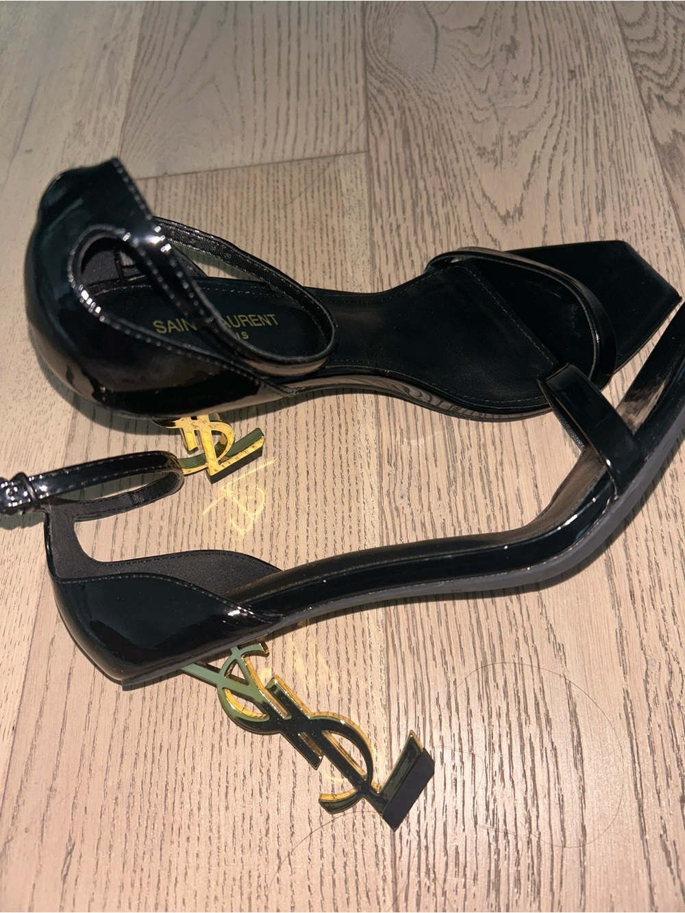 Saint Laurent Black Patent Leather Ankle-Strap Sandals with Gold YSL Logo Heels